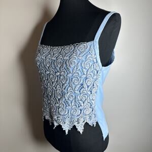 Vintage Blue Lace Overlay Floral Crop Top Cami Size M Y2k Cottage Fairy Romantic